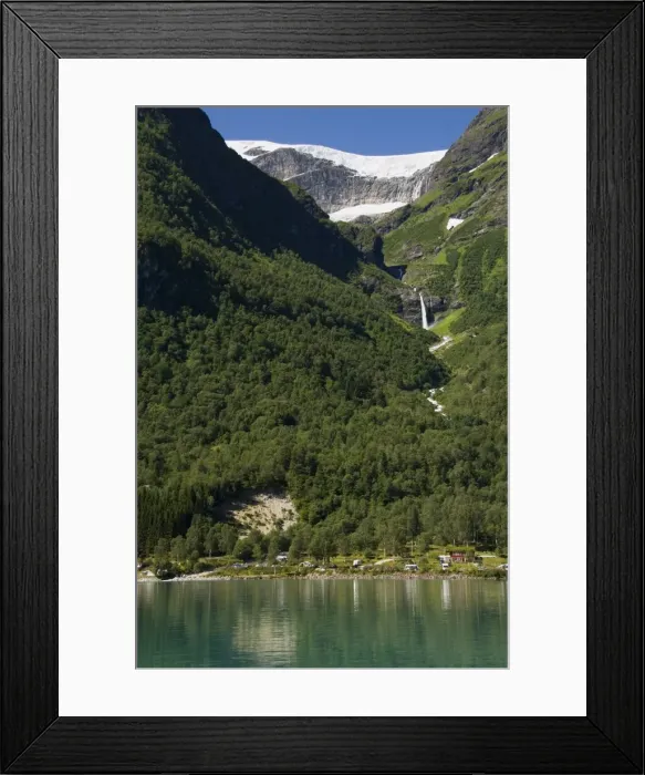 Framed Print : Green lake, waterfall, and glacier above Olden, Fjordland, Norway, Scandinavia, Europe Framed Print : Green lake, waterfall, and glacier above Olden, Fjordland, Norway, Scandinavia, Europe
