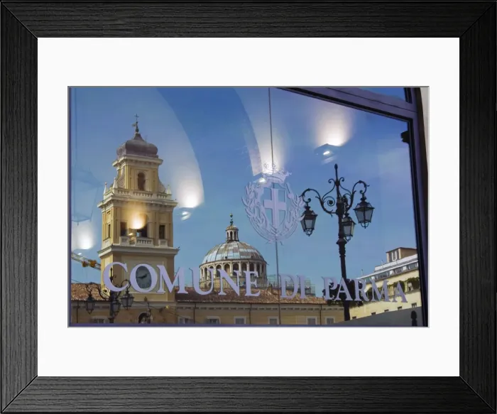Framed Print : Piazza Garibaldi reflected in the glass of the Town Hall, Parma, Emilia Romagna Framed Print : Piazza Garibaldi reflected in the glass of the Town Hall, Parma, Emilia Romagna