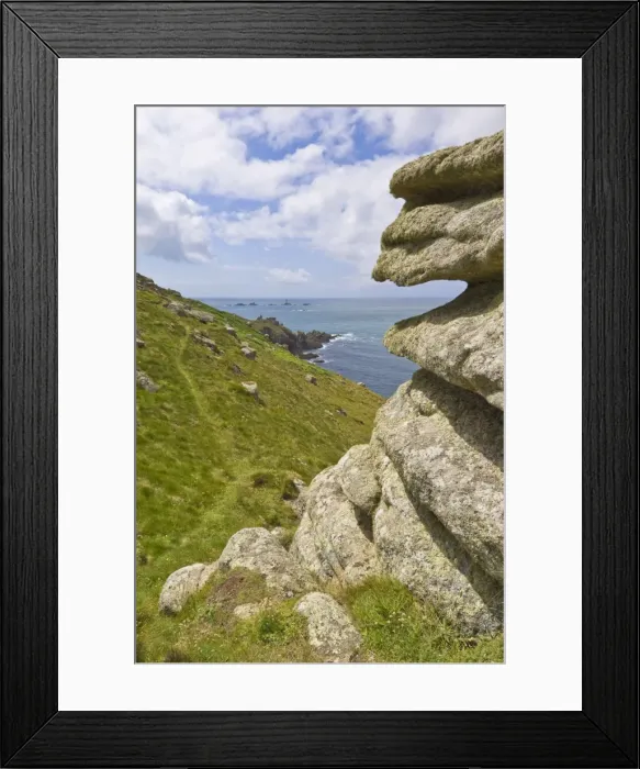 Framed Print : Part of the South West Coast Path at Mayon cliff near Lands End showing the Longships lighthouse in the distance, Cornwall, England, United Framed Print : Part of the South West Coast Path at Mayon cliff near Lands End showing the Longships lighthouse in the distance, Cornwall, England, United