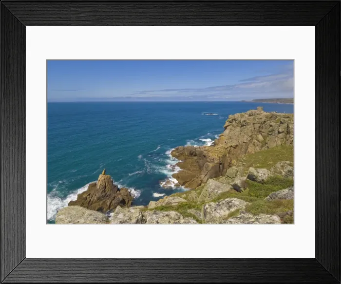 Framed Print : The Irish Lady Rock under Mayon cliff with Pedn-men-du headland and coastguard lookout in the distance, near Sennen Cove, Cornwall, England, United Framed Print : The Irish Lady Rock under Mayon cliff with Pedn-men-du headland and coastguard lookout in the distance, near Sennen Cove, Cornwall, England, United