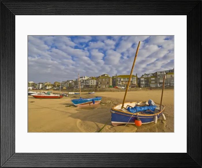 Framed Print : Strange cloud formation in the early morning with small Cornish fishing boats at low tide in the harbour at St. Ives, Cornwall, England, United Framed Print : Strange cloud formation in the early morning with small Cornish fishing boats at low tide in the harbour at St. Ives, Cornwall, England, United