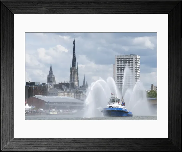 Framed Print : Fires boats on River Seine and Rouen cathedral behind, Rouen, Normandy, France, Europe Framed Print : Fires boats on River Seine and Rouen cathedral behind, Rouen, Normandy, France, Europe