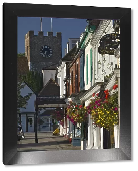 Main street and parish church tower, Alresford, Hampshire, England, United Kingdom