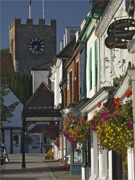 Main street and parish church tower, Alresford, Hampshire, England, United Kingdom