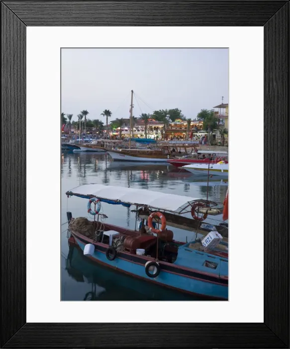 Framed Print : Boats lining the harbourside in Side, Mediterranean coast, Anatolia, Turkey Framed Print : Boats lining the harbourside in Side, Mediterranean coast, Anatolia, Turkey