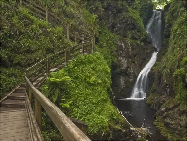 Visitor walkway and steps, Ess-na-Larach waterfall, Glenariff Country Park near Waterfoot