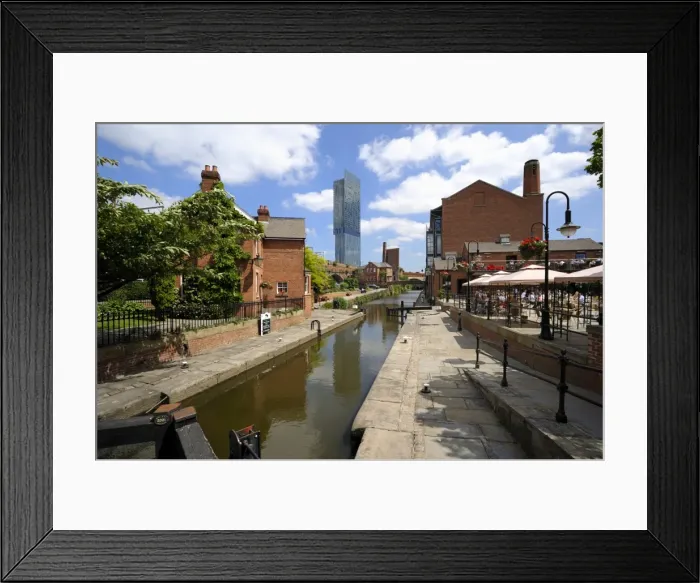 Framed Print : Canal and lock keepers cottage at Castlefield with the Beetham Tower in the background Framed Print : Canal and lock keepers cottage at Castlefield with the Beetham Tower in the background