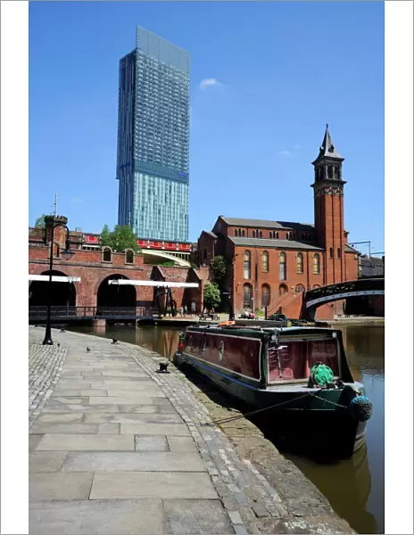Canal boat at Castlefield with the Beetham Tower in the background, Manchester