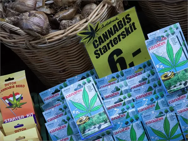Cannabis seed packets for sale in the Bloemenmarkt (flower market), Amsterdam