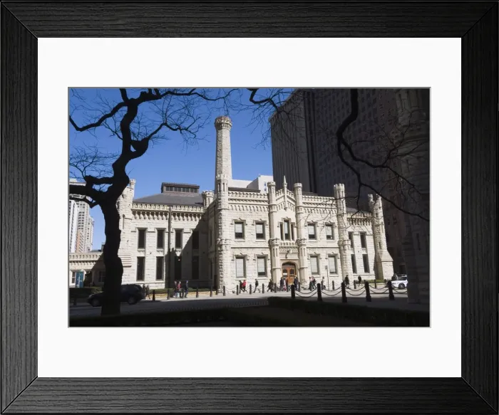 Framed Print : Chicago Water Tower in foreground, Hancock Building in background, Chicago Framed Print : Chicago Water Tower in foreground, Hancock Building in background, Chicago