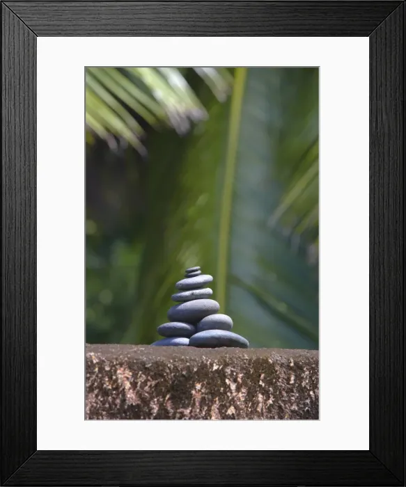 Framed Print : Stones balanced on rock, palm trees in background, Maldives, Indian Ocean, Asia Framed Print : Stones balanced on rock, palm trees in background, Maldives, Indian Ocean, Asia