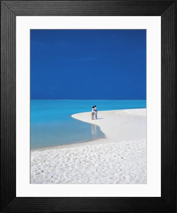 Framed Print : Couple walking on sandy beach, Maldives, Indian Ocean, Asia