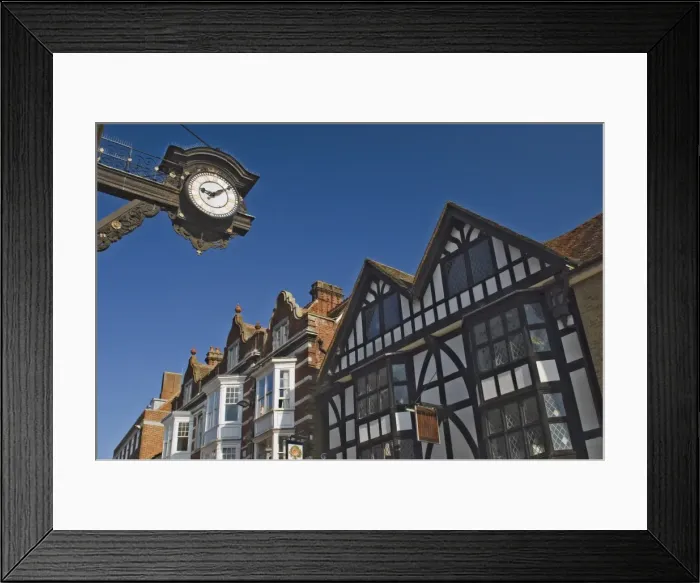 Framed Print : The Bracket Clock and timbered gables, High Street, Winchester, Hampshire