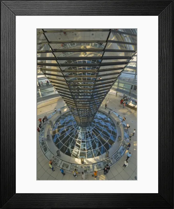 Framed Print : The cone shaped funnel in the dome cupola has 360 glass mirrors reflecting light into the Plenary chamber of the Reichstag building, designed by Sir Norman Foster, Berlin