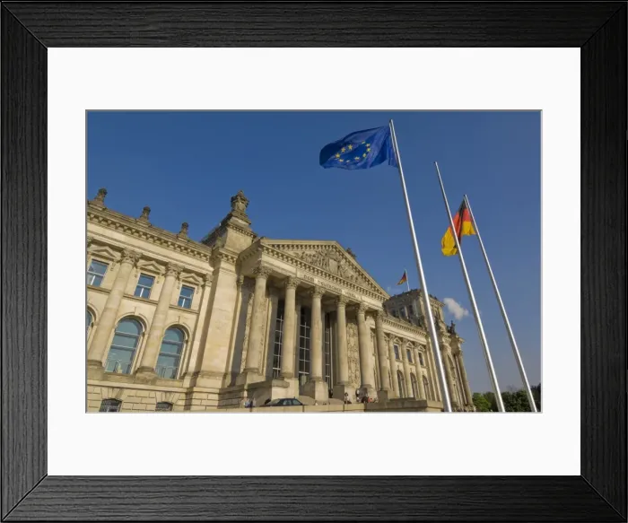 Framed Print : The EU and German national flags flying outside the famous Reichstag parliament building Framed Print : The EU and German national flags flying outside the famous Reichstag parliament building