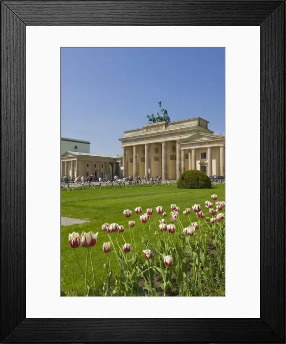 Framed Print : Tourists enjoying spring sunshine in the tulip filled gardens at the Brandenburg Gate with the Quadriga winged victory statue on top, Pariser Platz, Berlin Framed Print : Tourists enjoying spring sunshine in the tulip filled gardens at the Brandenburg Gate with the Quadriga winged victory statue on top, Pariser Platz, Berlin