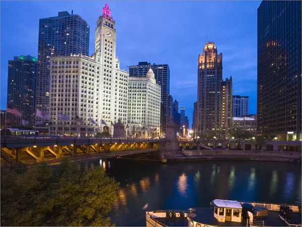 The Wrigley Building, North Michigan Avenue, and Chicago River at dusk