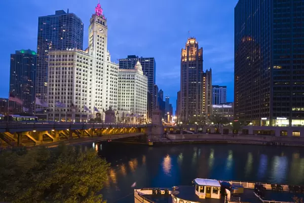 The Wrigley Building, North Michigan Avenue, and Chicago River at dusk