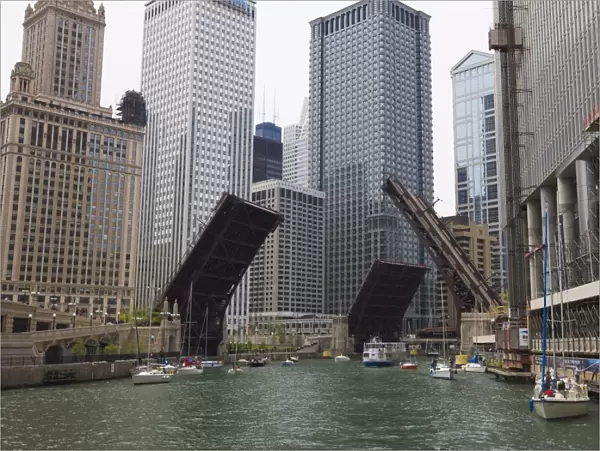 Bridges raised to allow sailboats through, Chicago River, Chicago, Illinois