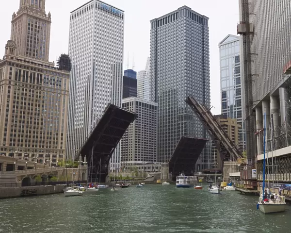 Bridges raised to allow sailboats through, Chicago River, Chicago, Illinois