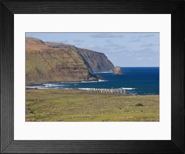 Framed Print : Elevated view of a row of monolithic stone Moai statues at Tongariki and the rugged coastline of Rapa Nui (Easter Island), UNESCO World Heritage Site, Chile Framed Print : Elevated view of a row of monolithic stone Moai statues at Tongariki and the rugged coastline of Rapa Nui (Easter Island), UNESCO World Heritage Site, Chile