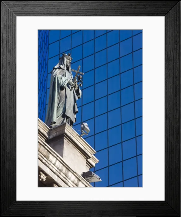 Framed Print : Statue on the Cathedral Metropolitana and modern office building in Plaza de Armas
