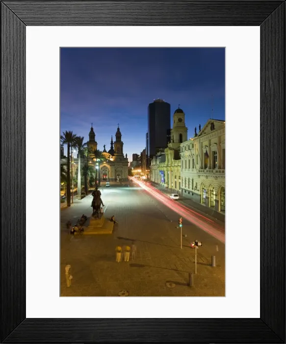 Framed Print : Elevated dusk view over Plaza de Armas to Santiago Cathedral, Santiago Framed Print : Elevated dusk view over Plaza de Armas to Santiago Cathedral, Santiago