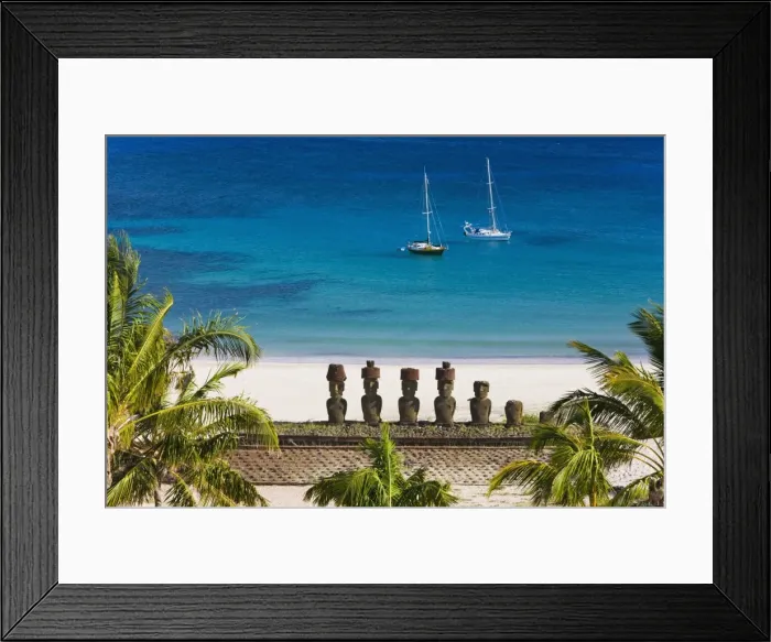Framed Print : Anakena beach, yachts moored in front of the monolithic giant stone Moai statues of Ahu Nau Nau Framed Print : Anakena beach, yachts moored in front of the monolithic giant stone Moai statues of Ahu Nau Nau