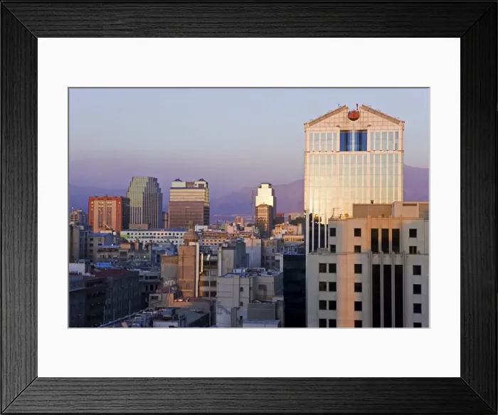Framed Print : Elevated view of the central city skyline at dusk, Santiago, Chile, South America Framed Print : Elevated view of the central city skyline at dusk, Santiago, Chile, South America