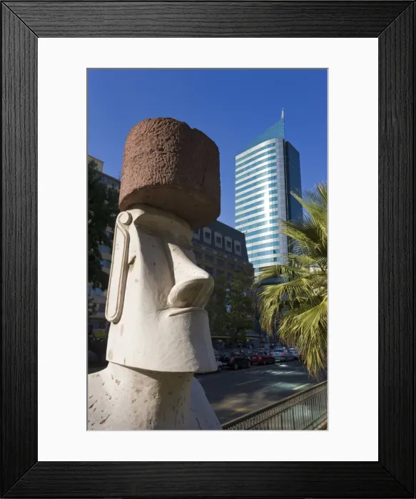 Framed Print : Moai statue on Santiagos main street Avenue O Higgins, Santiago Framed Print : Moai statue on Santiagos main street Avenue O Higgins, Santiago