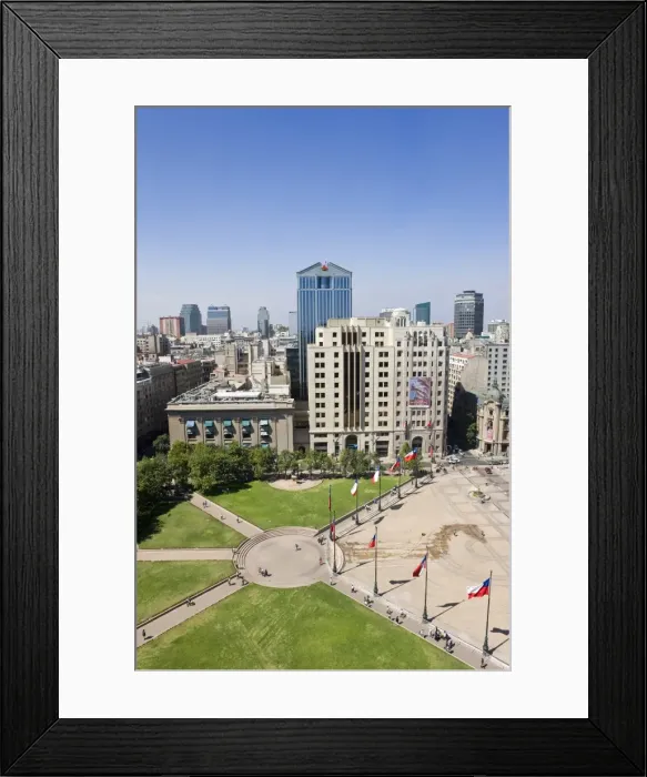 Framed Print : Elevated view over the Plaza de la Constitucion and the central Santiago city skyline Framed Print : Elevated view over the Plaza de la Constitucion and the central Santiago city skyline