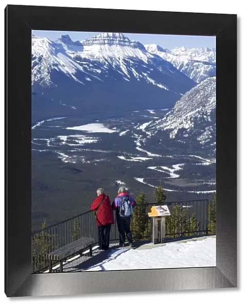 Two women and the Bow Valley from the top of Sulphur Mountain, Banff National Park
