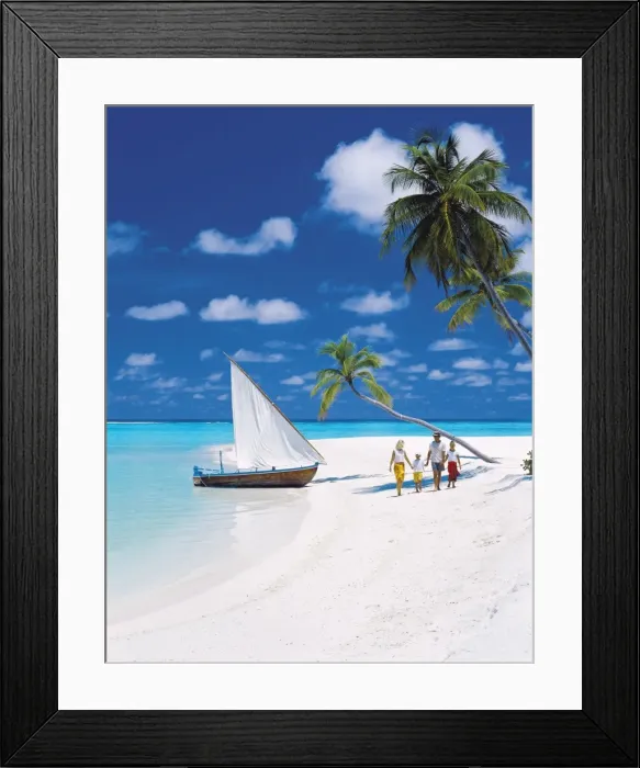 Framed Print : Family walking on a tropical beach by traditional dhoni, Maldives, Indian Ocean, Asia