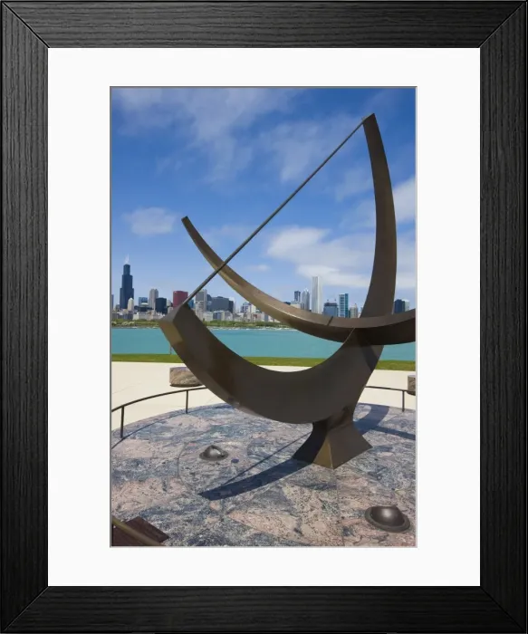 Framed Print : Sundial sculpture at the Adler Planetarium sundial and city skyline, Chicago Framed Print : Sundial sculpture at the Adler Planetarium sundial and city skyline, Chicago