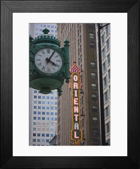 Framed Print : Marshall Field Building Clock and Oriental Theatre sign, Theatre District Framed Print : Marshall Field Building Clock and Oriental Theatre sign, Theatre District