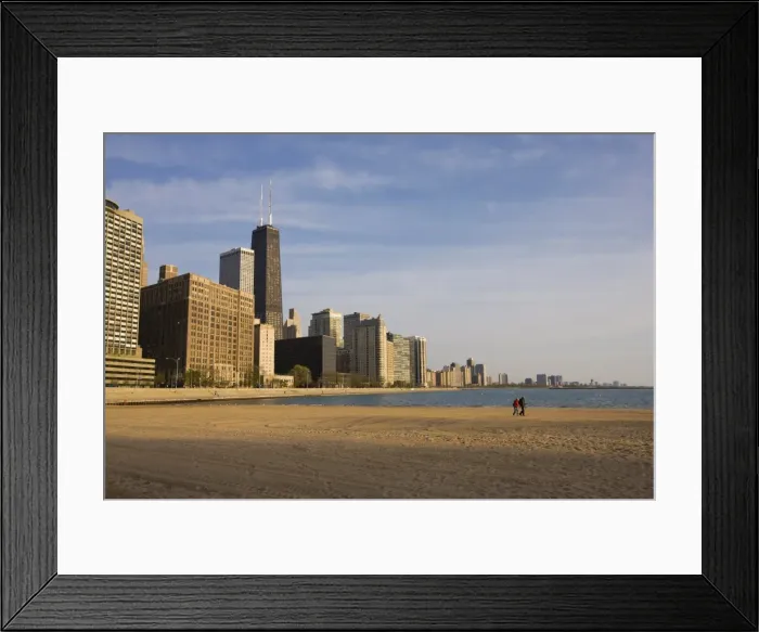 Framed Print : Walkers on Ohio Street Beach with city skyline behind, Chicago, Illinois