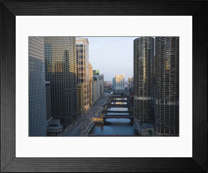Framed Print : Skyscrapers along the Chicago River and West Wacker Drive at dawn, Marina City on the right