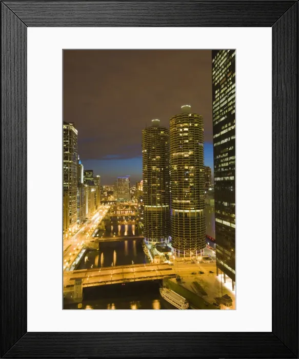 Framed Print : Skyscrapers lining the Chicago River and West Wacker Drive at dusk, Marina City on the right Framed Print : Skyscrapers lining the Chicago River and West Wacker Drive at dusk, Marina City on the right
