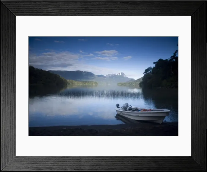 Framed Print : Fishing Boat on Lago Espejo, Siete Lagos region, Nahuel Huapi National Park Framed Print : Fishing Boat on Lago Espejo, Siete Lagos region, Nahuel Huapi National Park