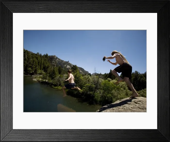 Framed Print : Cliff jumping, Nahuel Huapi National Park, Rio Negro, Argentina, South America Framed Print : Cliff jumping, Nahuel Huapi National Park, Rio Negro, Argentina, South America