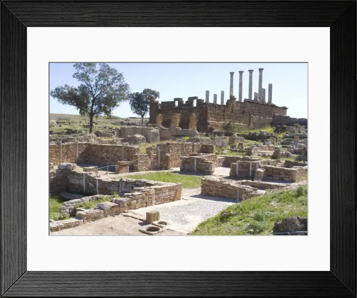 Framed Print : Remains of villas lying below the Capitolium, Roman ruins of Thuburbo Majus Framed Print : Remains of villas lying below the Capitolium, Roman ruins of Thuburbo Majus