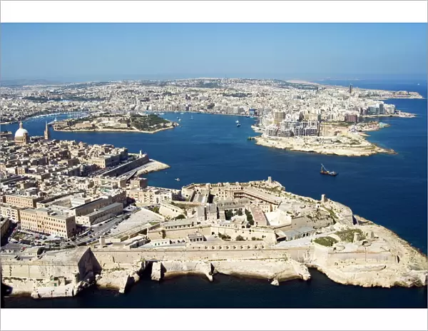 Aerial view of Valletta and St. Elmo Fort, Manoel Island, and Dragutt Point on the right