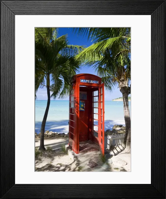 Framed Print : Traditional English red telephone box on the beach at Dickenson Bay, Antigua Framed Print : Traditional English red telephone box on the beach at Dickenson Bay, Antigua