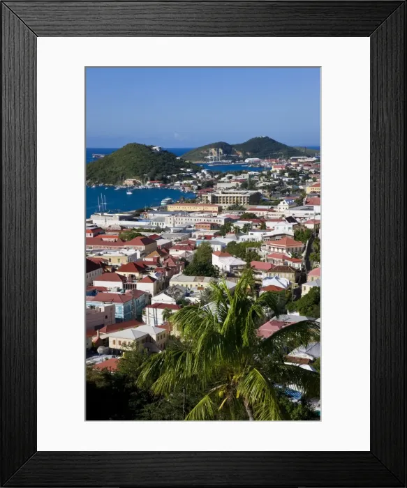 Framed Print : Elevated view over the town from Blackbeards Castle, St. Thomas, U Framed Print : Elevated view over the town from Blackbeards Castle, St. Thomas, U