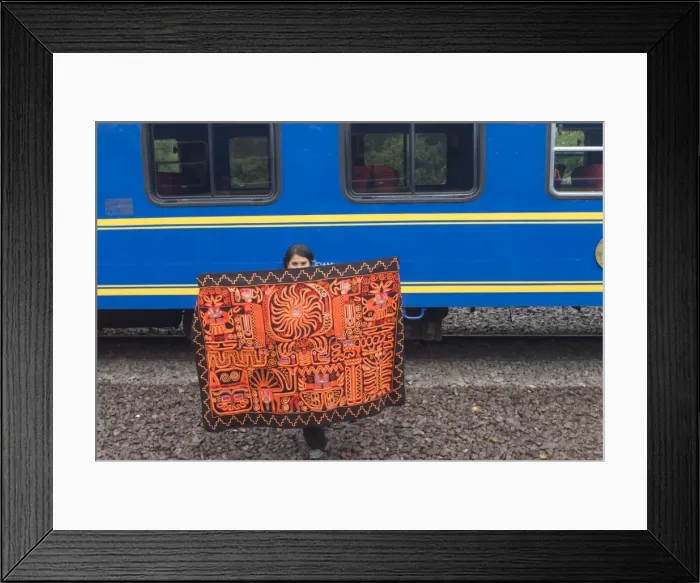Framed Print : Traditional blanket for sale at train stop on way to Machu Picchu, Peru, South America