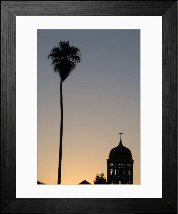 Framed Print : Silhouette of palm tree next to church, La Serena, Chile, South America Framed Print : Silhouette of palm tree next to church, La Serena, Chile, South America