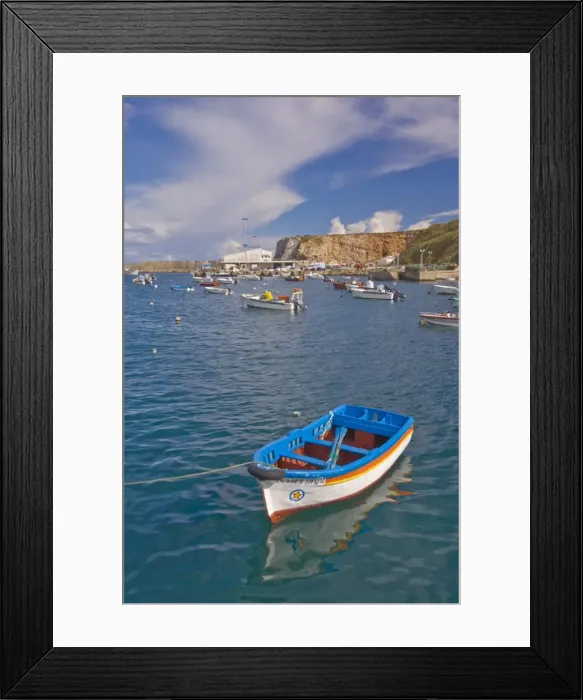 Framed Print : Traditional Portuguese wooden fishing boats, Sagres harbour, Algarve, Portugal, Europe