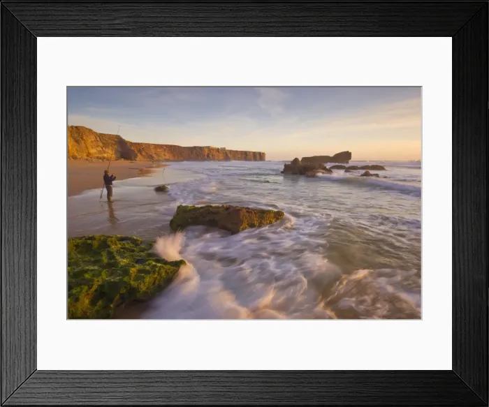 Framed Print : Fisherman on Tonal beach at sunset, blurred milky water, Sagres, Algarve Framed Print : Fisherman on Tonal beach at sunset, blurred milky water, Sagres, Algarve