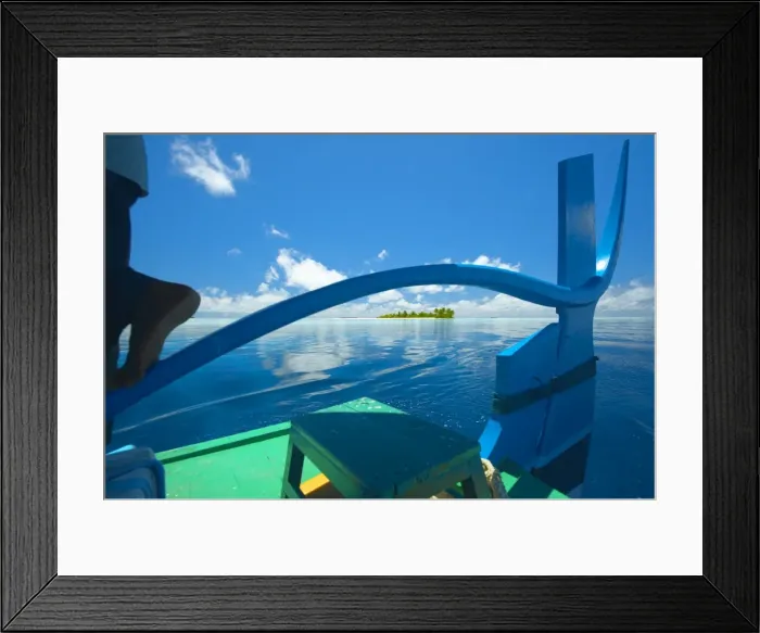 Framed Print : Desert island viewed through rudder on a dhoni, Maldives, Indian Ocean, Asia Framed Print : Desert island viewed through rudder on a dhoni, Maldives, Indian Ocean, Asia