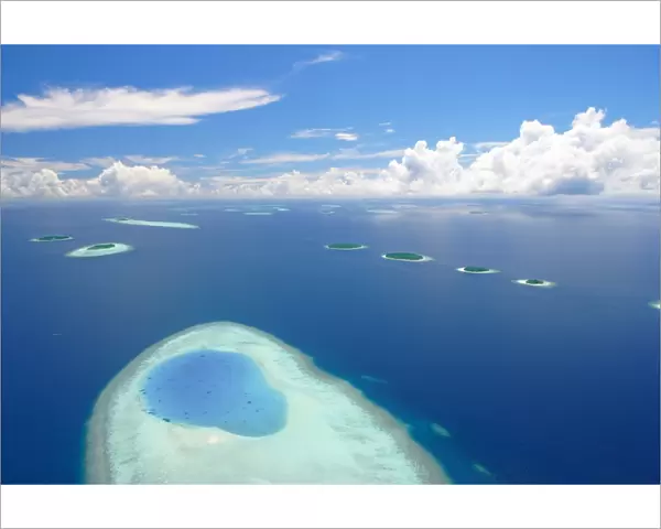 Aerial view of islands in Baa atoll, Maldives, Indian Ocean, Asia